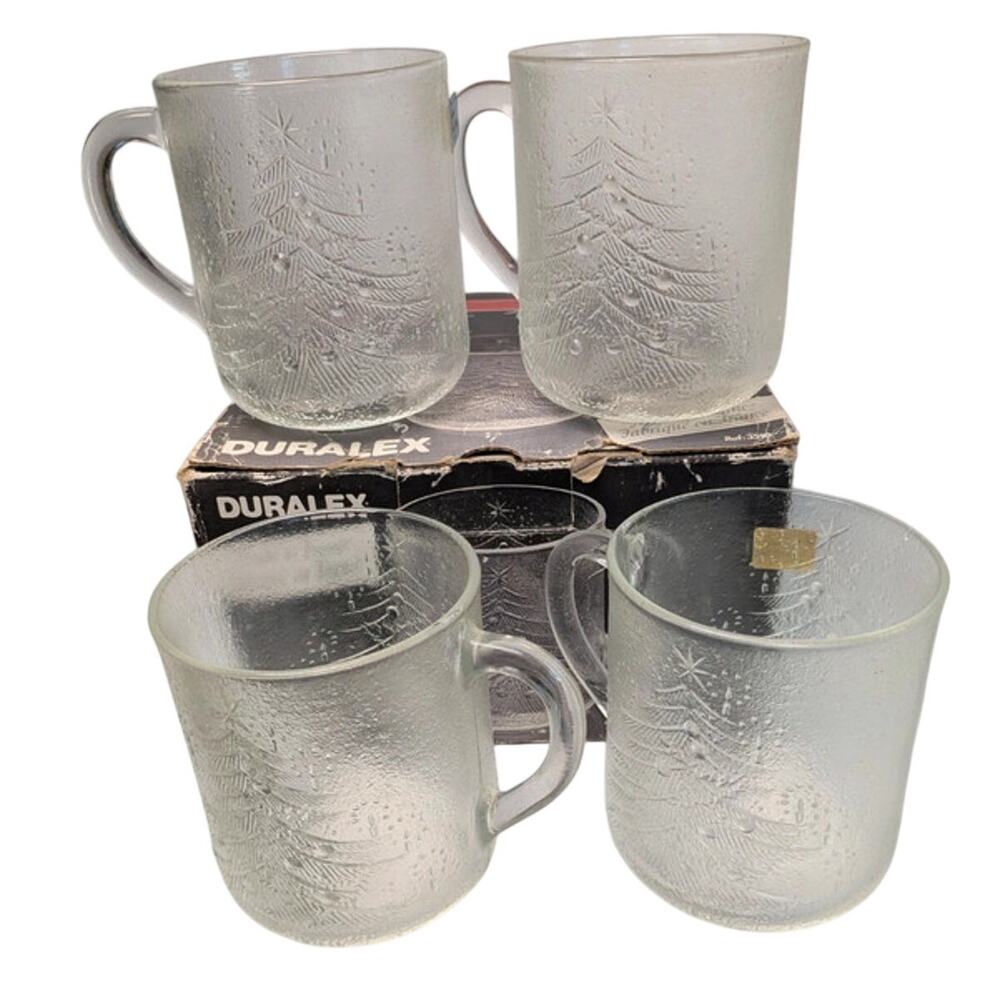 Vintage Duralex Christmas Tree Glass Mugs Set of 4 France Saint-Gobain Original